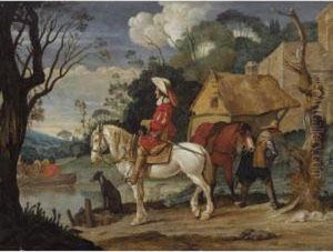River Landscape With Cavaliers Waiting For A Ferry by Pieter Boddingh Van Laer