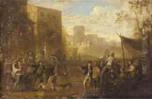 An Italianate Street Scene With Figures Brawling And Playing Cards by Pieter Boddingh Van Laer