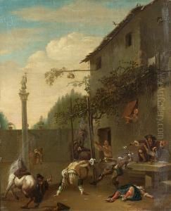 Horsemen And Soldiers Fighting Outside An Inn by Roeland Van Laer
