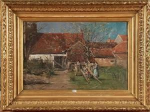 Cour De Ferme Animee by Charles Joseph Van Landuyt
