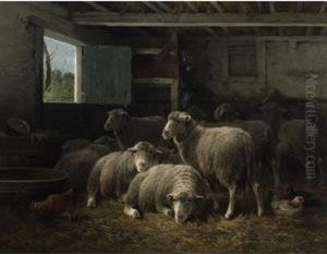 Sheep In A Barn by Cornelis van Leemputten