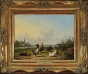 Huhner Am Dorfrand. by Cornelis van Leemputten