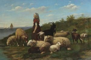 Shepherdess With Flock Of Sheep Near The Water by Frans Van Leemputten
