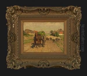 "view Of A Country Road With A Herder And His Flock" by Frans Van Leemputten