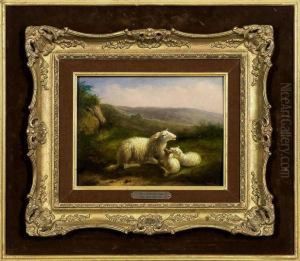 Mutterschaf Mitlammern In Abendlich Gestimmter Landschaft by Frans Van Leemputten