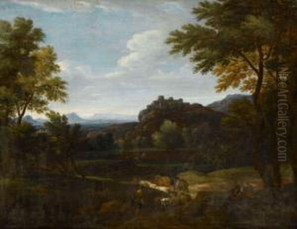 Bloemen, Circa 1662-1740 An Uplandlandscape, Drovers And Cattle In Foreground, Fortified Village Onhilltop Beyond, Oil On Canvas, 50cm By 64cm - view 1