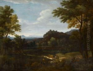 Bloemen, Circa 1662-1740 An Uplandlandscape, Drovers And Cattle In Foreground, Fortified Village Onhilltop Beyond, Oil On Canvas, 50cm By 64cm