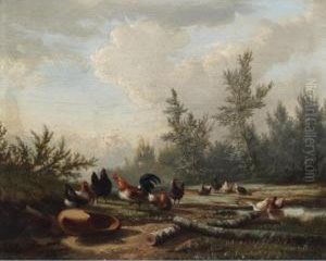 Poultry And Ducks By A Pond by Jean-Baptiste Van Leemputten