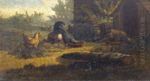 Huhnerhof Mit Hund Vor Seiner Hutte by Jean-Baptiste Van Leemputten
