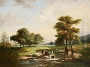 Shepherd With Cattle Crossing The River by Jean-Baptiste Van Leemputten