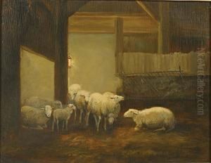 Schapen In De Stal. by Jean-Baptiste Van Leemputten