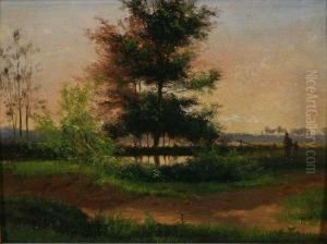 Landschap Met Wandelaars Bij Ondergaande Zon by Jef Louis Van Leemputten