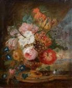 Bouquet De Fleurs Dans Un Vase A Godrons Mis Sur Un Entablement Devant Un Paysage by Willem van Leen