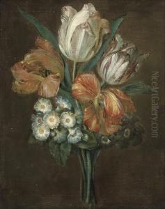 Parrot Tulips And Polyanthas by Willem van Leen