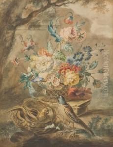 Stilleben Mit Vogelnest Und Blumenbouquet In Bastkorb by Willem van Leen