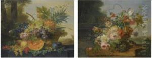 Still Life With A Basket Of Flowers, A Bird's Nest And A Songbird,all Arranged On A Marble Plinth, The City Of Rotterdam Beyond, Withthe Tower Of The Laurenskerk; Still Life With A Basket Of Fruit On A Ledge Before A Landscape,including A Pineapple, Bunch