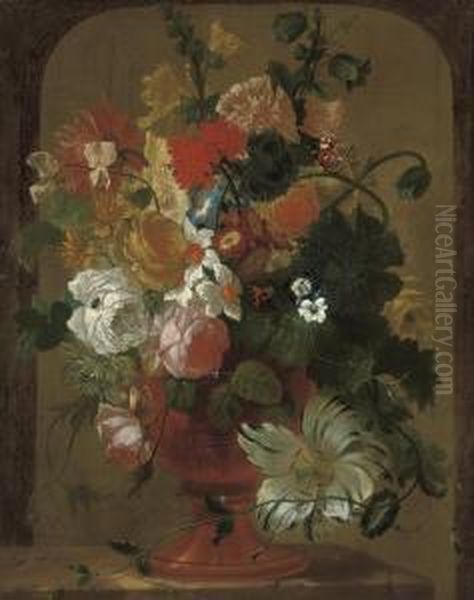 Roses, Hollyhocks, Narcissi, Carnations, Camelias, Pansies, A Tulipand Other Flowers In An Urn, On A Stone Ledge, With Red Admiralbutterflies - view 1