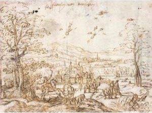 A Hunting Party In A Wooded Landscape by Jan Van Leyden