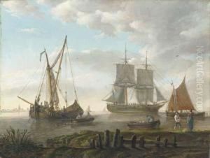 A Dutch Warship And Fishing Craft Off A Coast