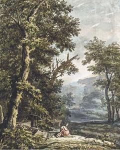 Un Paysage Boise Avec Un Lac, Une Femme Assise Au Pied D'un Chene Au Premier Plan by Jacobus Van Liender