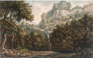 A Mountainous Wooded Landscape With A Waterfall, A Seated Figure And A Tomb