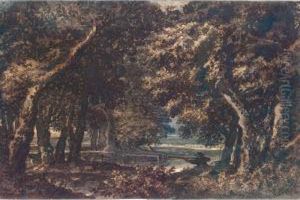 Wooded Landscape With A Hunter Shooting Duck by Jacobus Van Liender