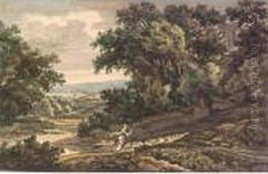 A Shepherdess With Her Sheep On A Wooded Hillside by Jacobus Van Liender