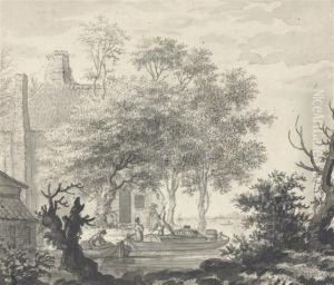 A Landscape With Boats In A Canal And Cottages By The Shore by Paulus Van Liender