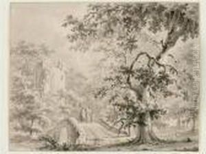 Forest Landscape With Castle Ruin And Peasant Family Crossing Abridge by Paulus Van Liender