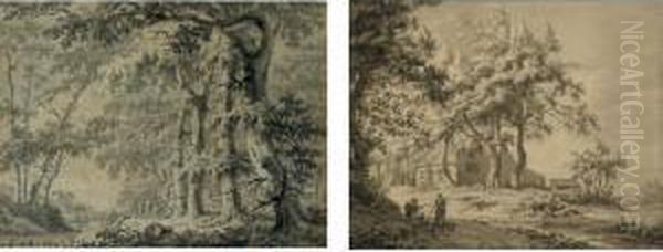 A Pair Of Drawings: Two Women On A Road Before A Farmhouse; And Four People Before A Cottage In The Woods - view 1