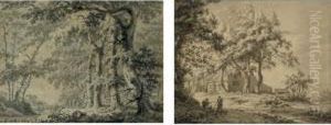 A Pair Of Drawings: Two Women On A Road Before A Farmhouse; And Four People Before A Cottage In The Woods by Paulus Van Liender