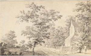 Figures Near A Wayside House Amongst Trees, A Stream With A Weir To The Left by Pieter Jacobsz. Van Liender