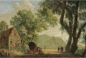 A Wooded Landscape With Travellers With Their Wagon Resting Near A Tavern by Pieter Jacobsz. Van Liender