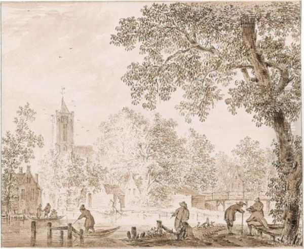 Wooded Village Landscape With Figures By A River - view 1
