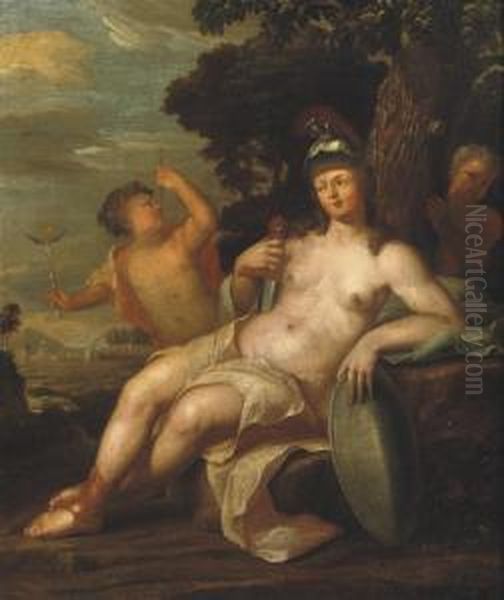 Pallas Athena In A Wooded Landscape With Two Putti By Herside - view 1