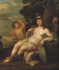 Pallas Athena In A Wooded Landscape With Two Putti By Herside by Hendrick Van Limborch