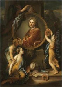 Infants Decorating A Stone Cartouche Framing A Copy Of A Self-portrait By Adriaen Van Der Werff, Artistic Implements Decorating The Steps Below by Hendrick Van Limborch