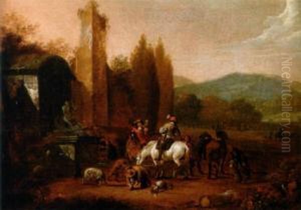 Group Of Hunters Resting Beside A Fountain Amidst Ruins - view 1