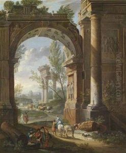 Shepherds And Resting Soldiers Before An Ancient City Gate by Giacomo Van Lint