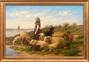 Junge Schafhirtin Mit Ihre Herde Am Meeresgestade by Dirk Peter Van Lokhorst