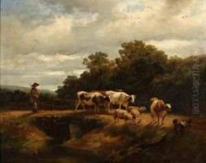 Herder Met Vee Bij Bruggetje