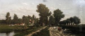 The Edge Of The Village - CattleIn A Land by Johan Nicolaas Van Lokhorst