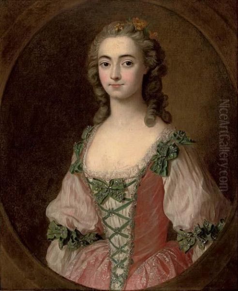 Portrait Of A Lady, Standing, Half-length, In A Pink Dress With Green Ribbons, In A Feigned Oval - view 1