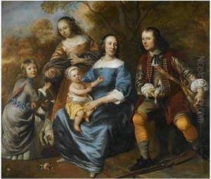 Portrait Of A Family; All Full Length, A Mother Sitting, Dressed Inblue, With Three Young Children And A Young Man With A Gun,possibly Her Husband, In A Landscape