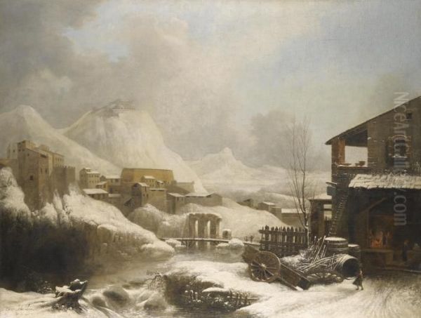 A Frozen Winter Landscape With A Bridge Over A River - view 1