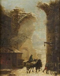 Voyageurs Passant Devant La Forge D'un Village Sous La Neige by Jules Cesar Denis van Loo