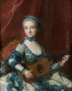 Portrait De Femme Jouant De La Guitare by Louis-Michel Van Loo