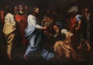 Christus Overhandigt De Sleutels Aan De Knielende Petrus In Hetbijzijn Van De Andere Apostelen. Doek. by Theodor Van Loon