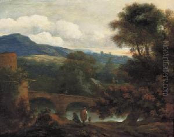 An Italianate Wooded River Landscape With Figures On A Bank - view 1