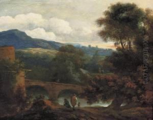 An Italianate Wooded River Landscape With Figures On A Bank by Lodewyck van Ludick